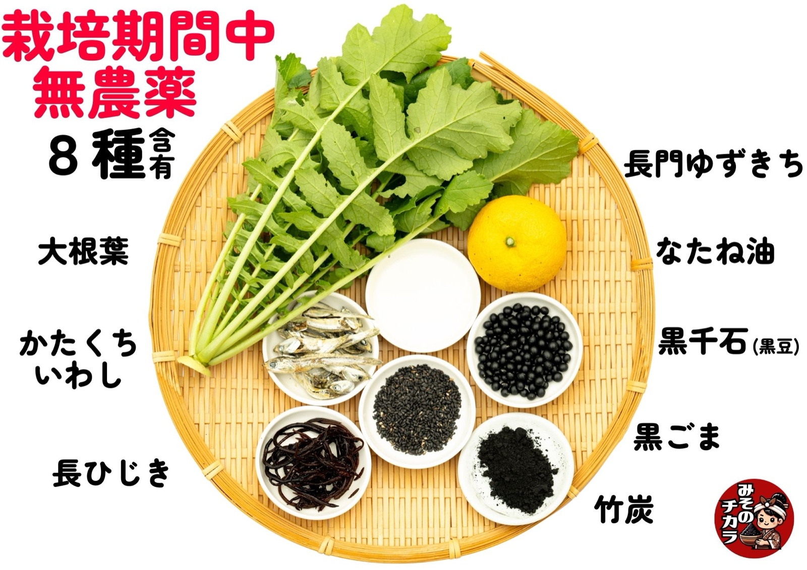 栽培期間中農薬不使用 8種：大根葉・長門ゆずきち・なたね油・かたくちいわし・黒千石・黒ごま・長ひじき・竹炭